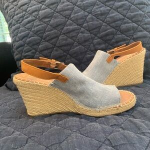 Toms Light Blue and Tan Wedge Sandals